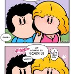 Stacy and her partner in the Ear to Ear comic, where Stacy tries a weird couple experiment by mashing their ears together while her partner looks weirded out.
