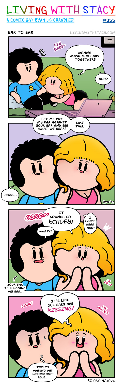 Stacy and her partner in the Ear to Ear comic, where Stacy tries a weird couple experiment by mashing their ears together while her partner looks weirded out.